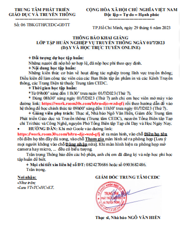 THÔNG BÁO KHAI GIẢNG LỚP TẬP HUẤN NGHIỆP VỤ TRUYỀN THÔNG NGÀY 01/7/2023 (DẠY VÀ HỌC TRỰC TUYẾN ONLINE)