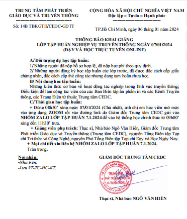 THÔNG BÁO KHAI GIẢNG LỚP TẬP HUẤN NGHIỆP VỤ TRUYỀN THÔNG NGÀY 07/01/2024 (DẠY VÀ HỌC TRỰC TUYẾN ONLINE)