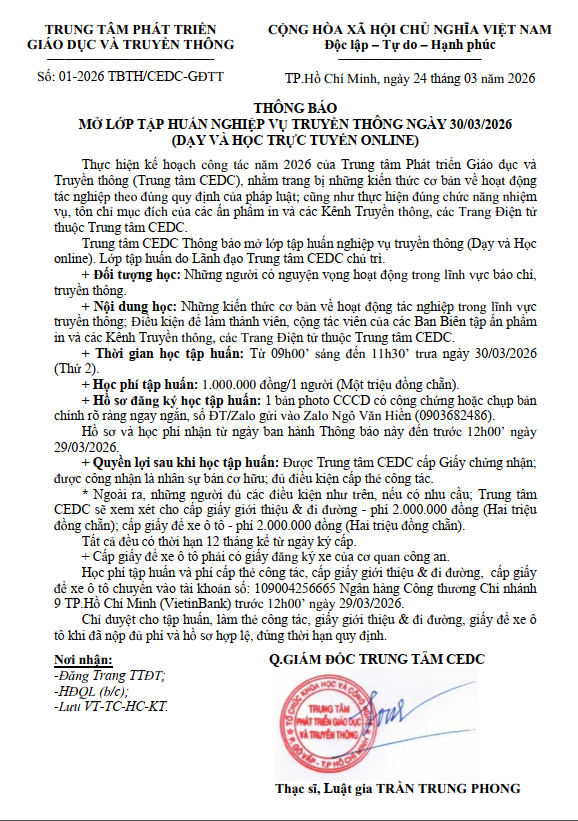 THÔNG BÁO MỞ LỚP TẬP HUẤN NGHIỆP VỤ TRUYỀN THÔNG NGÀY 30/03/2026 (DẠY VÀ HỌC TRỰC TUYẾN ONLINE)