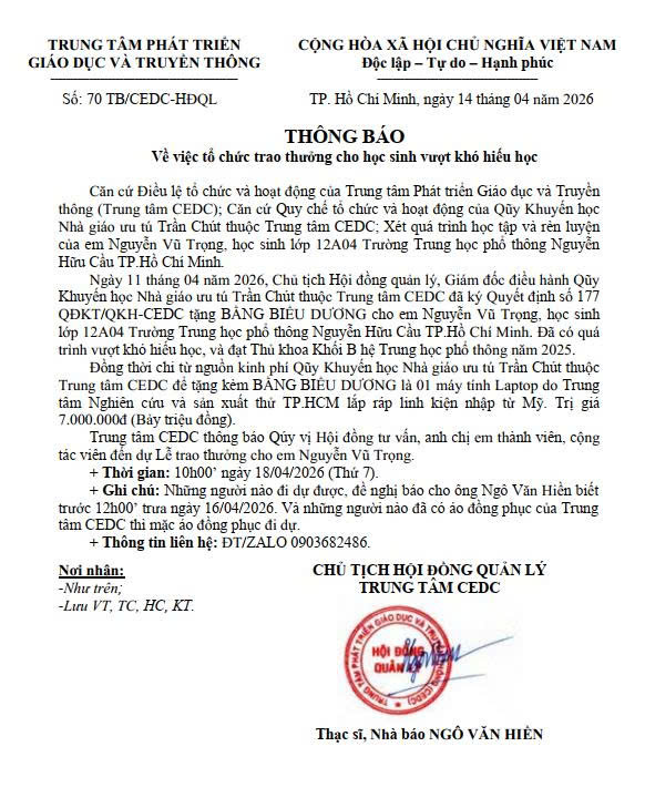 Thông báo về việc tổ chức trao thưởng cho học sinh vượt khó hiếu học